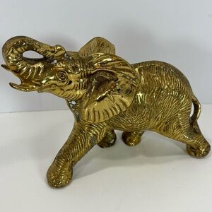 Vintage Large Brass Elephant 7 In. Tall Trunk Up MCM